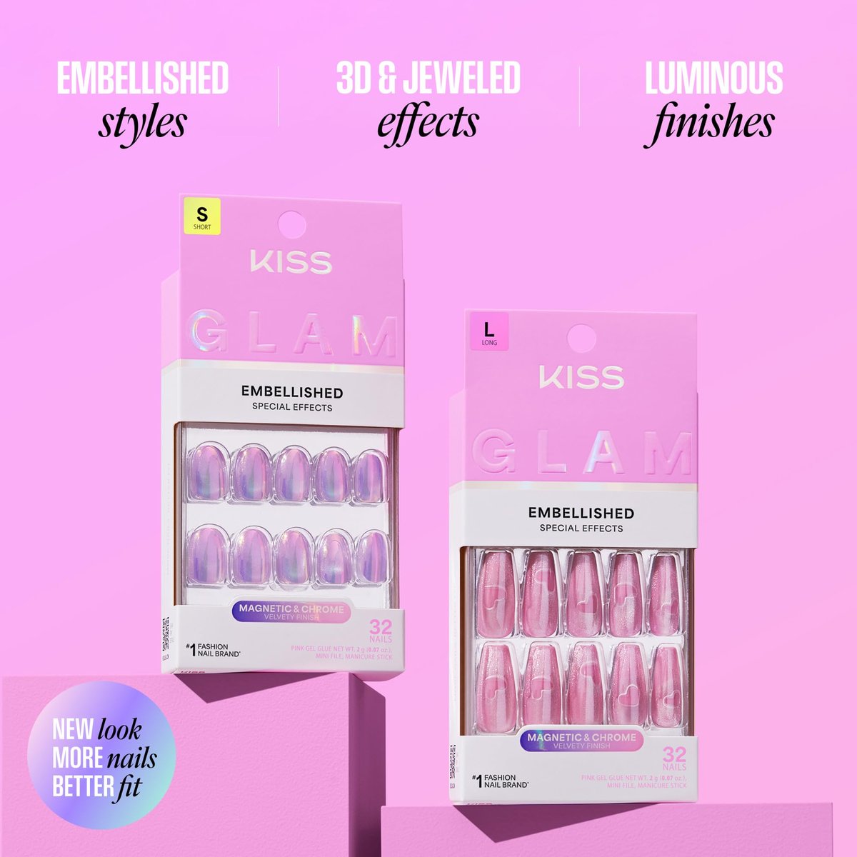 KISS Glam Press On Nails 'Stardust Wonder' - Medium Almond, Pink, 32 Nails with Glue & Tools - görsel 11