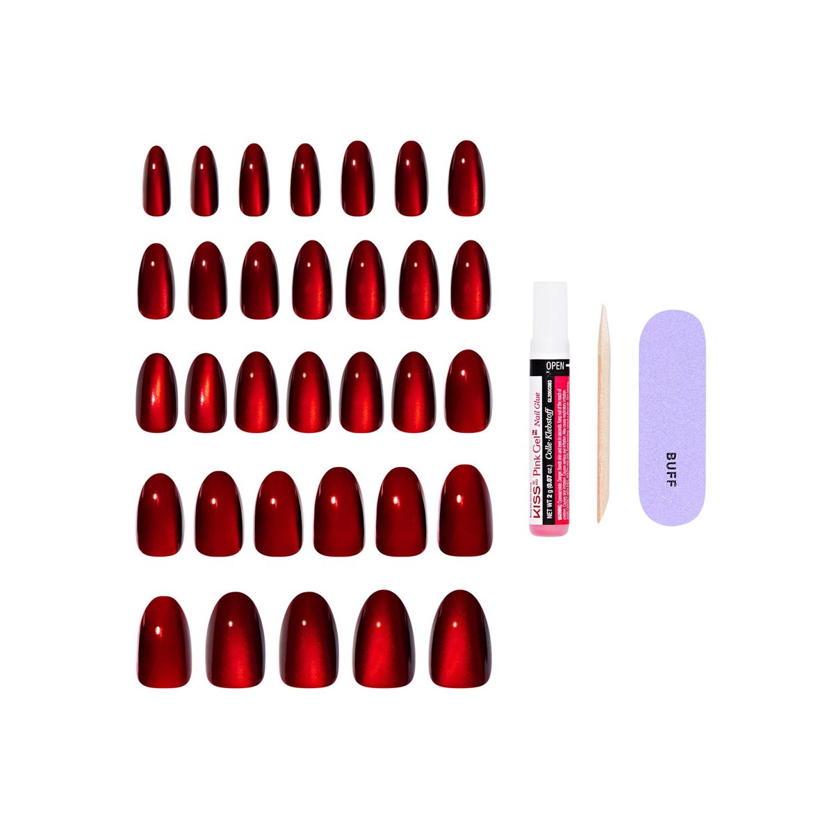KISS CORE Press On Nails 'Apple Blossom' - Medium Almond Shape - 32 Nails with Glue, File & Stick - Red - görsel 7