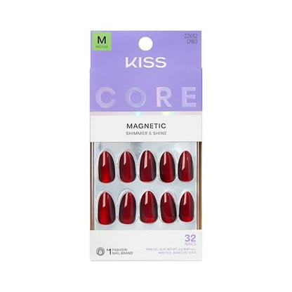 KISS CORE Press On Nails 'Apple Blossom' - Medium Almond Shape - 32 Nails with Glue, File & Stick - Red