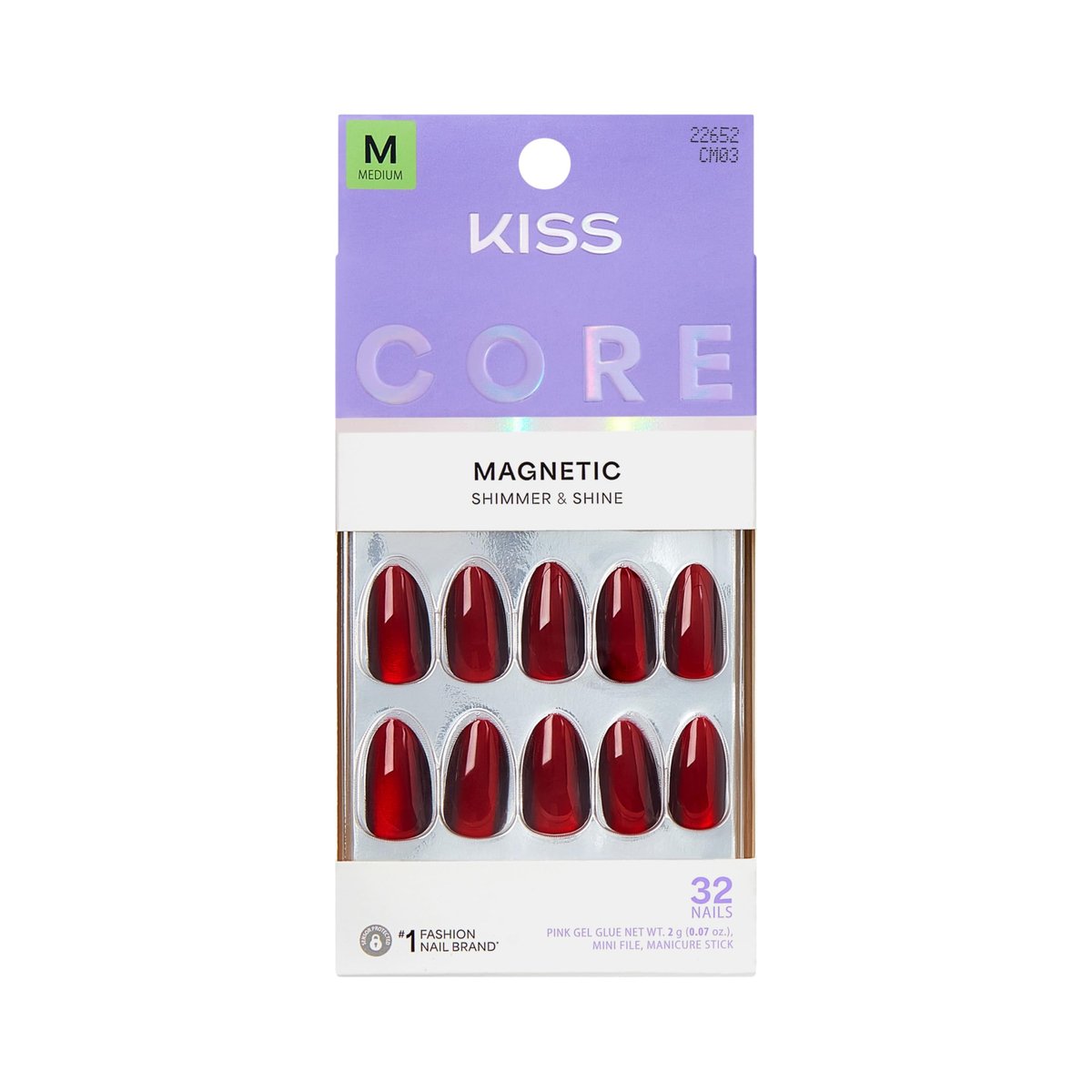 KISS CORE Press On Nails 'Apple Blossom' - Medium Almond Shape - 32 Nails with Glue, File & Stick - Red - görsel 1
