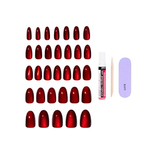 KISS CORE Press On Nails 'Apple Blossom' - Medium Almond Shape - 32 Nails with Glue, File & Stick - Red - görsel 8