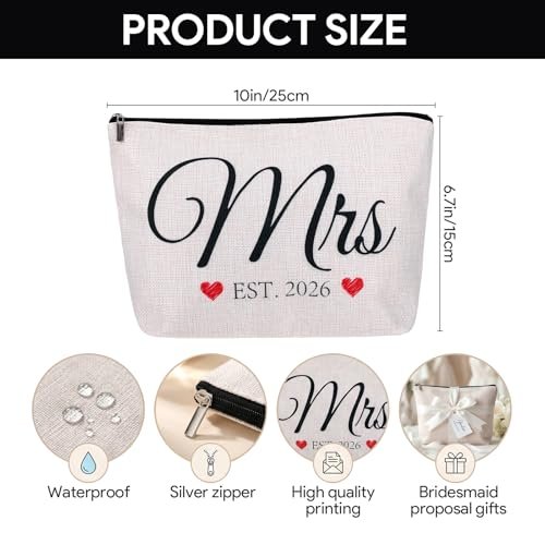 ShioShin Future Mrs Makeup Bag - White Canvas Bride Cosmetic Bag for Wedding Bridal Shower Gifts, Bachelorette Party Accessories, Engagement Bridesmaid Proposal Gifts - görsel 4