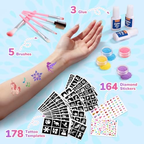 Bledras Temporary Glitter Tattoo Kit for Kids – 36 Colors Arts Glitter Make Up Set with 6 Glow in the Dark Glitter Gels, Skin-Friendly Body Art for Birthday & Christmas Party Gifts for Girls & Boys Avelisse