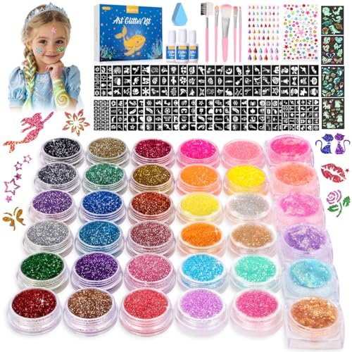 Bledras Temporary Glitter Tattoo Kit for Kids – 36 Colors Arts Glitter Make Up Set with 6 Glow in the Dark Glitter Gels, Skin-Friendly Body Art for Birthday & Christmas Party Gifts for Girls & Boys Avelisse