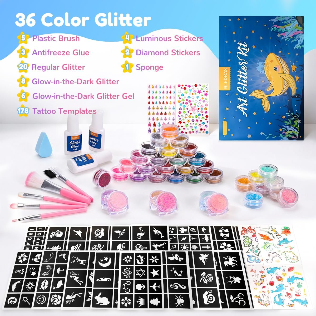 Bledras Temporary Glitter Tattoo Kit for Kids – 36 Colors Arts Glitter Make Up Set with 6 Glow in the Dark Glitter Gels, Skin-Friendly Body Art for Birthday & Christmas Party Gifts for Girls & Boys Avelisse