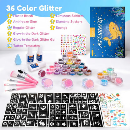 Bledras Temporary Glitter Tattoo Kit for Kids – 36 Colors Arts Glitter Make Up Set with 6 Glow in the Dark Glitter Gels, Skin-Friendly Body Art for Birthday & Christmas Party Gifts for Girls & Boys Avelisse
