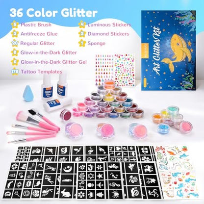 Bledras Temporary Glitter Tattoo Kit for Kids – 36 Colors Arts Glitter Make Up Set with 6 Glow in the Dark Glitter Gels, Skin-Friendly Body Art for Birthday & Christmas Party Gifts for Girls & Boys Avelisse