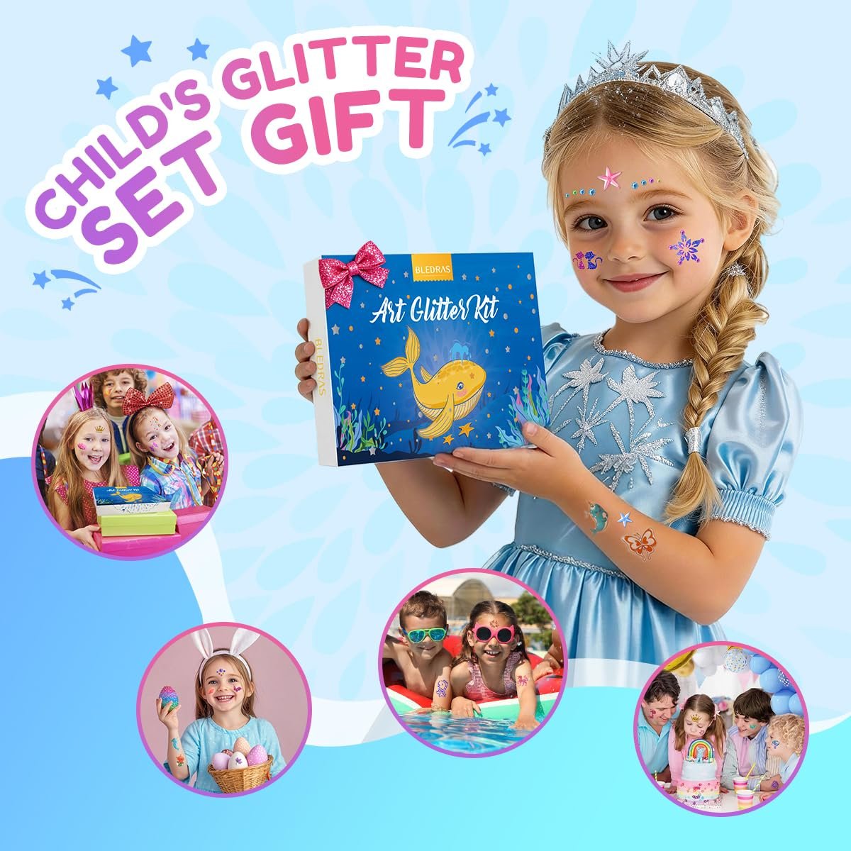 Bledras Temporary Glitter Tattoo Kit for Kids – 36 Colors Arts Glitter Make Up Set with 6 Glow in the Dark Glitter Gels, Skin-Friendly Body Art for Birthday & Christmas Party Gifts for Girls & Boys Avelisse