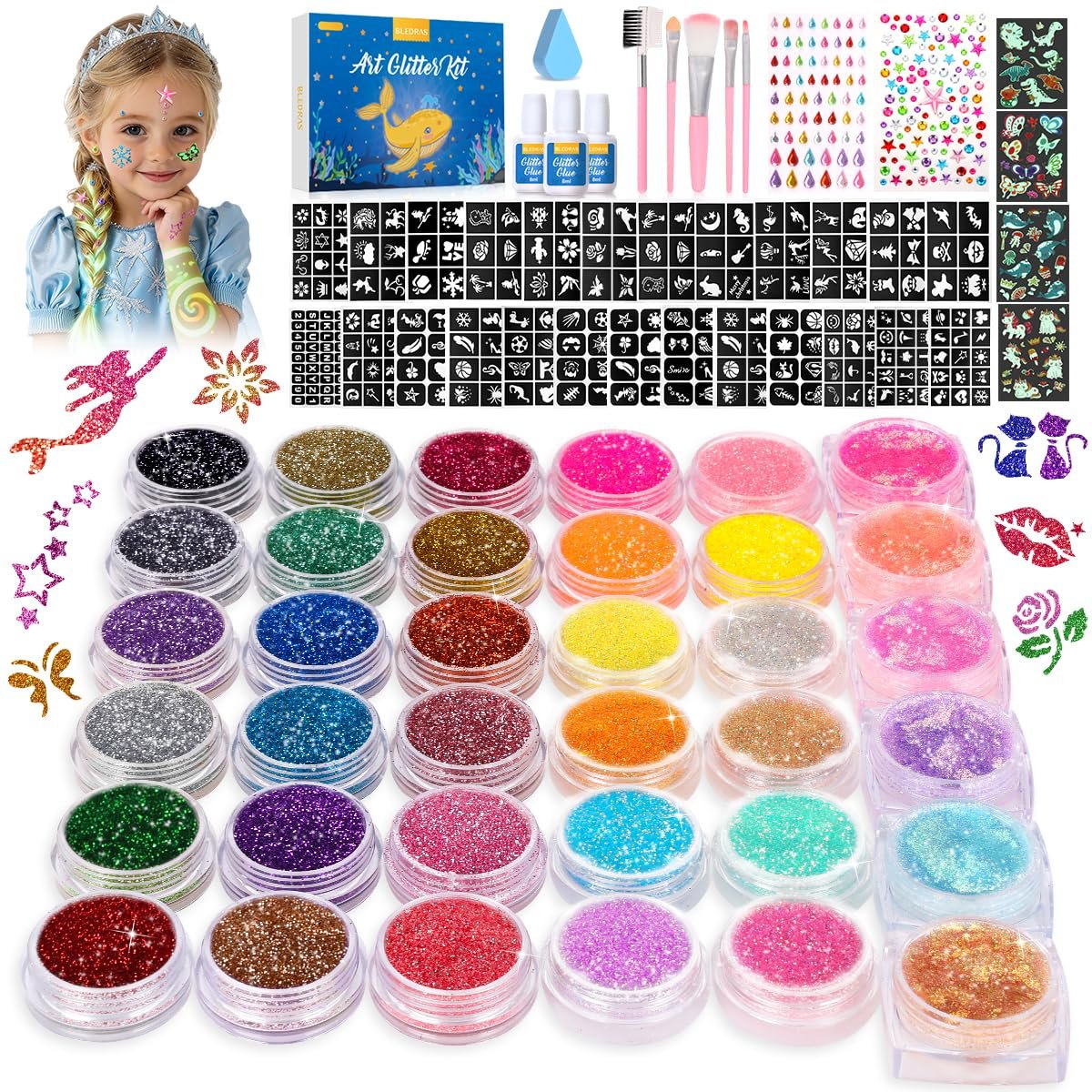 Bledras Temporary Glitter Tattoo Kit for Kids – 36 Colors Arts Glitter Make Up Set with 6 Glow in the Dark Glitter Gels, Skin-Friendly Body Art for Birthday & Christmas Party Gifts for Girls & Boys Avelisse
