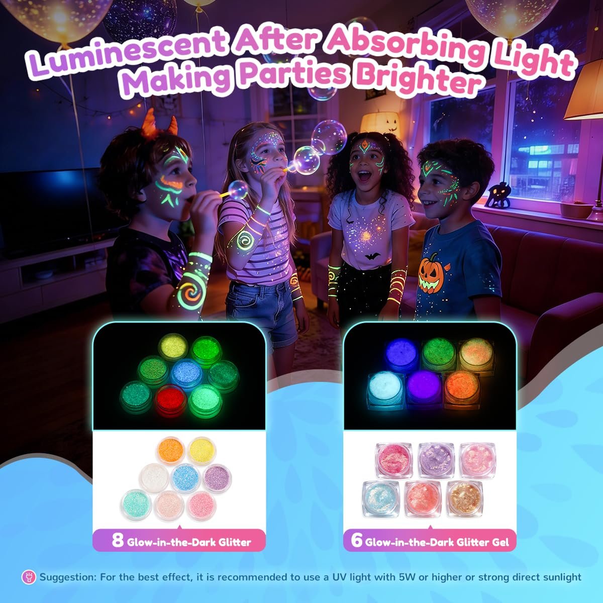 Bledras Temporary Glitter Tattoo Kit for Kids – 36 Colors Arts Glitter Make Up Set with 6 Glow in the Dark Glitter Gels, Skin-Friendly Body Art for Birthday & Christmas Party Gifts for Girls & Boys Avelisse