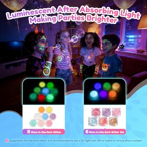 Bledras Temporary Glitter Tattoo Kit for Kids – 36 Colors Arts Glitter Make Up Set with 6 Glow in the Dark Glitter Gels, Skin-Friendly Body Art for Birthday & Christmas Party Gifts for Girls & Boys Avelisse