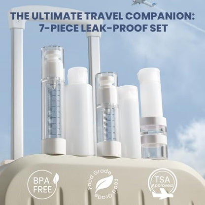 Travel Bottles Kit 7 Pcs - TSA Approved Leak Proof Toiletry Containers, Silicone Squeeze Bottles, Lotion Bottle, Cream Jar, Shampoo & Conditioner Travel Set
