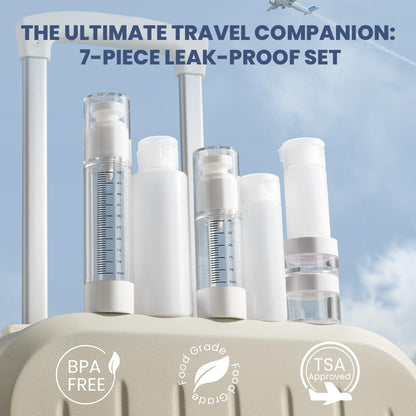 Travel Bottles Kit 7 Pcs - TSA Approved Leak Proof Toiletry Containers, Silicone Squeeze Bottles, Lotion Bottle, Cream Jar, Shampoo & Conditioner Travel Set