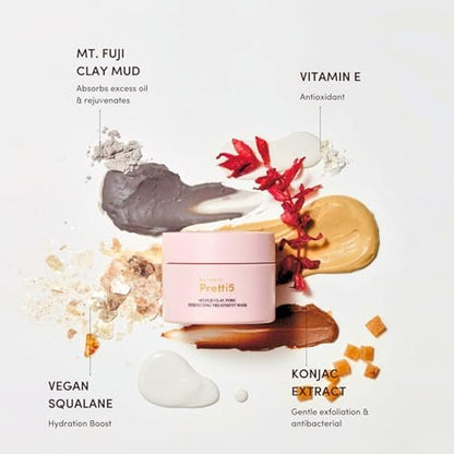 Pretti5 Mt. Fuji Clay Mask – Pore Minimizer & Blackhead Remover for Sensitive Skin | Detoxifying Japanese Volcanic Mud Mask with 5 Clays & Astaxanthin