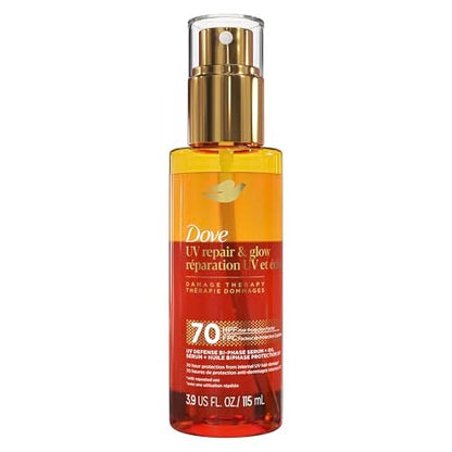 Dove Damage Therapy Defense Bi-Phase Serum + Oil - UV Repair & Glow, 70 Hour Hair Protection, with Ferulic Serum, 3.9 fl oz