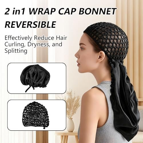 2 in 1 Wrap Cap Hair Net & Satin Bonnet – Adjustable Silk Press Doobie Wrap for Long Curly Hair (Black) Avelisse