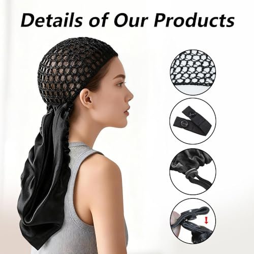 2 in 1 Wrap Cap Hair Net & Satin Bonnet – Adjustable Silk Press Doobie Wrap for Long Curly Hair (Black) Avelisse