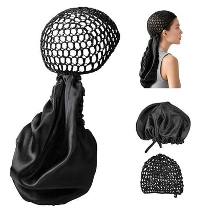 2 in 1 Wrap Cap Hair Net & Satin Bonnet – Adjustable Silk Press Doobie Wrap for Long Curly Hair (Black) Avelisse