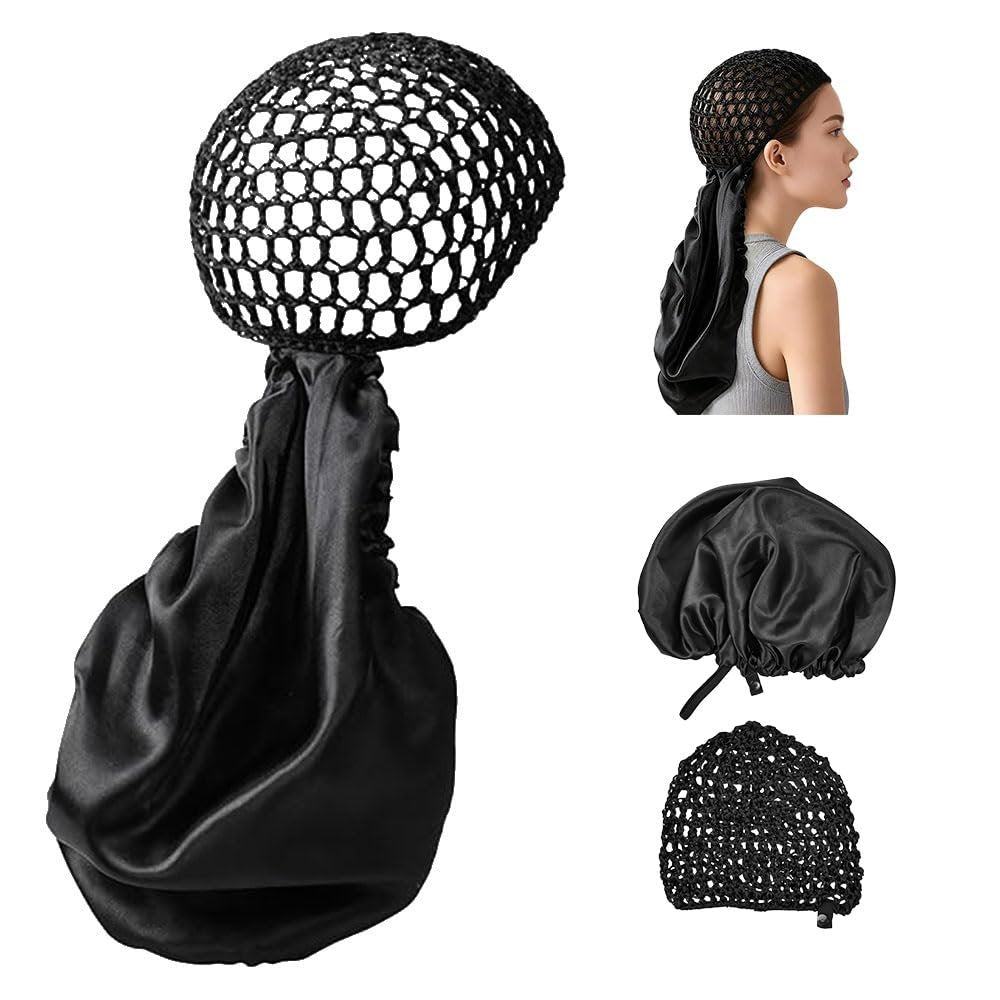 2 in 1 Wrap Cap Hair Net & Satin Bonnet – Adjustable Silk Press Doobie Wrap for Long Curly Hair (Black) Avelisse