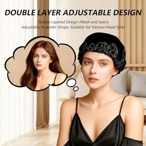 2 in 1 Wrap Cap Hair Net & Satin Bonnet – Adjustable Silk Press Doobie Wrap for Long Curly Hair (Black) Avelisse