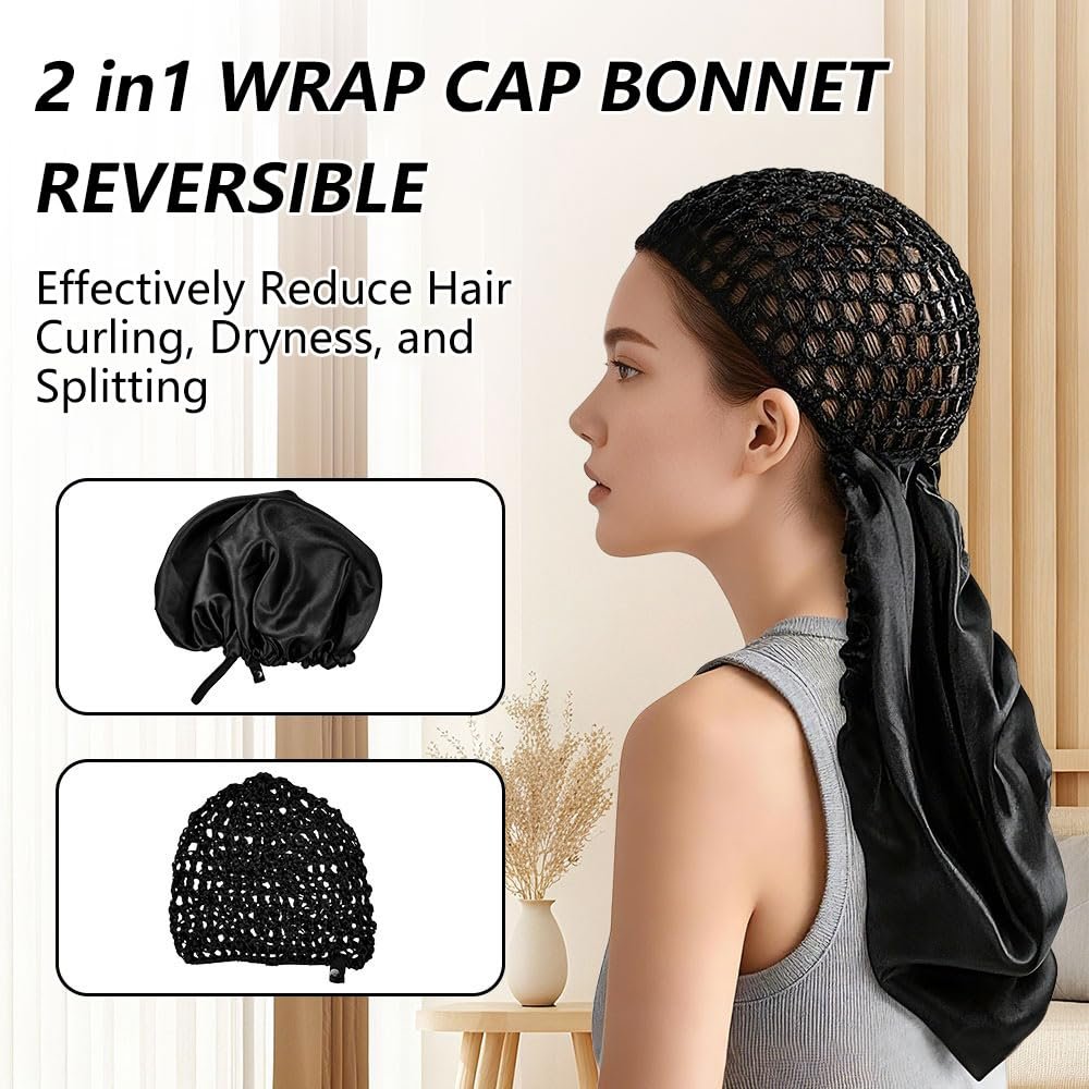2 in 1 Wrap Cap Hair Net & Satin Bonnet – Adjustable Silk Press Doobie Wrap for Long Curly Hair (Black) Avelisse