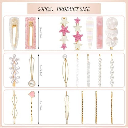 20 Pcs Decorative Hair Clips - Pearl Fancy Barrettes for Women & Girls, Fashion Hair Accessories for Short & Fine Hair, Birthday Gifts (Pink, Silver)