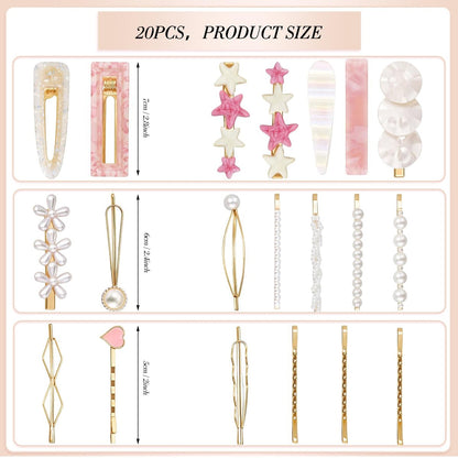 20 Pcs Decorative Hair Clips - Pearl Fancy Barrettes for Women & Girls, Fashion Hair Accessories for Short & Fine Hair, Birthday Gifts (Pink, Silver)