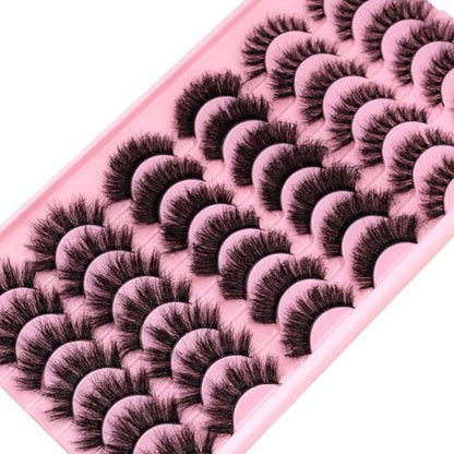 LEAFMOON Wispy Mink Lashes Fluffy False Eyelashes 21 Pairs 3 Styles 8D Volume Lashes 14-18mm Mixed Cat Eye Strip Lashes Dramatic Soft Faux Mink Lashes Pack
