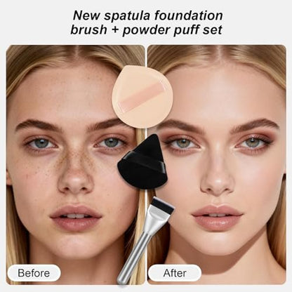 Flat Foundation Brush and Powder Puff Set - Korean Makeup Brush Teardrop Sponge for Liquid Foundation, Premium Face Makeup Brush and Sponge for Blending Cream and Setting Powder Avelisse