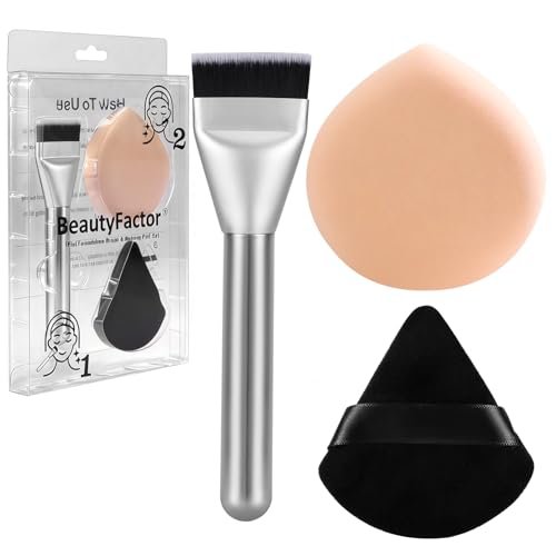 Flat Foundation Brush and Powder Puff Set - Korean Makeup Brush Teardrop Sponge for Liquid Foundation, Premium Face Makeup Brush and Sponge for Blending Cream and Setting Powder Avelisse