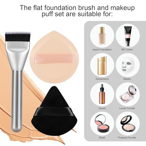 Flat Foundation Brush and Powder Puff Set - Korean Makeup Brush Teardrop Sponge for Liquid Foundation, Premium Face Makeup Brush and Sponge for Blending Cream and Setting Powder Avelisse