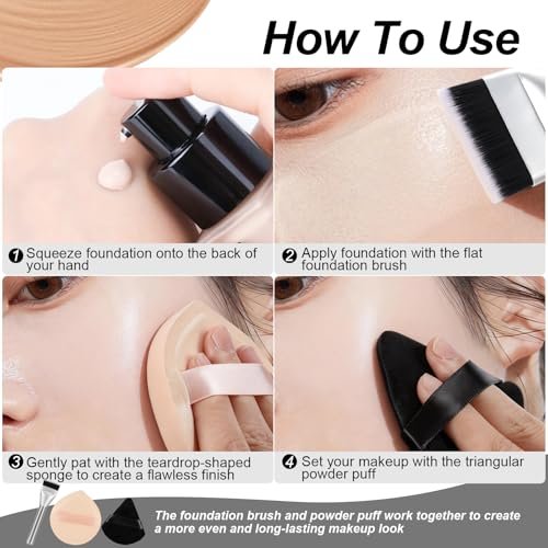 Flat Foundation Brush and Powder Puff Set - Korean Makeup Brush Teardrop Sponge for Liquid Foundation, Premium Face Makeup Brush and Sponge for Blending Cream and Setting Powder Avelisse
