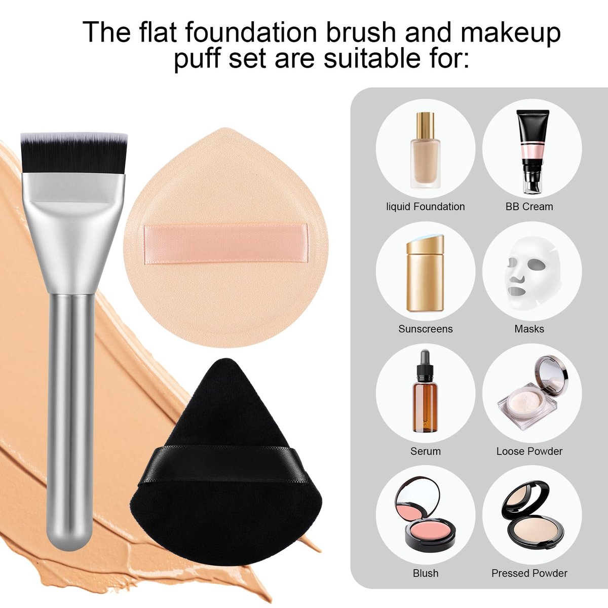 Flat Foundation Brush and Powder Puff Set - Korean Makeup Brush Teardrop Sponge for Liquid Foundation, Premium Face Makeup Brush and Sponge for Blending Cream and Setting Powder Avelisse