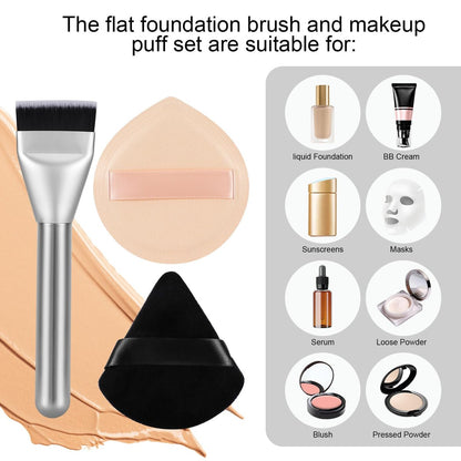 Flat Foundation Brush and Powder Puff Set - Korean Makeup Brush Teardrop Sponge for Liquid Foundation, Premium Face Makeup Brush and Sponge for Blending Cream and Setting Powder Avelisse