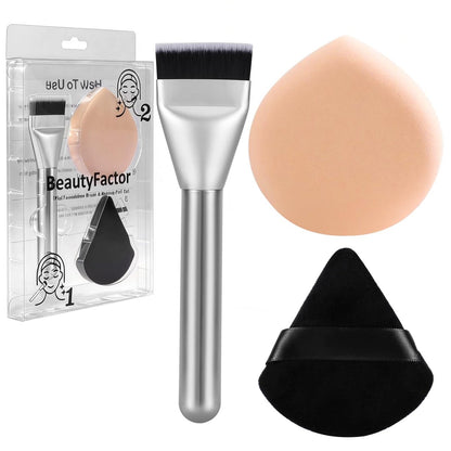Flat Foundation Brush and Powder Puff Set - Korean Makeup Brush Teardrop Sponge for Liquid Foundation, Premium Face Makeup Brush and Sponge for Blending Cream and Setting Powder Avelisse