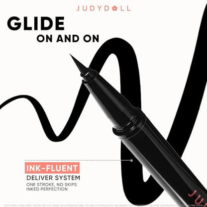 JUDYDOLL Intense Black Liquid Eyeliner – Waterproof, Smudge-Proof, Ultra-Fine Brush Tip for Cat Eyes & Wings, Beginner Friendly