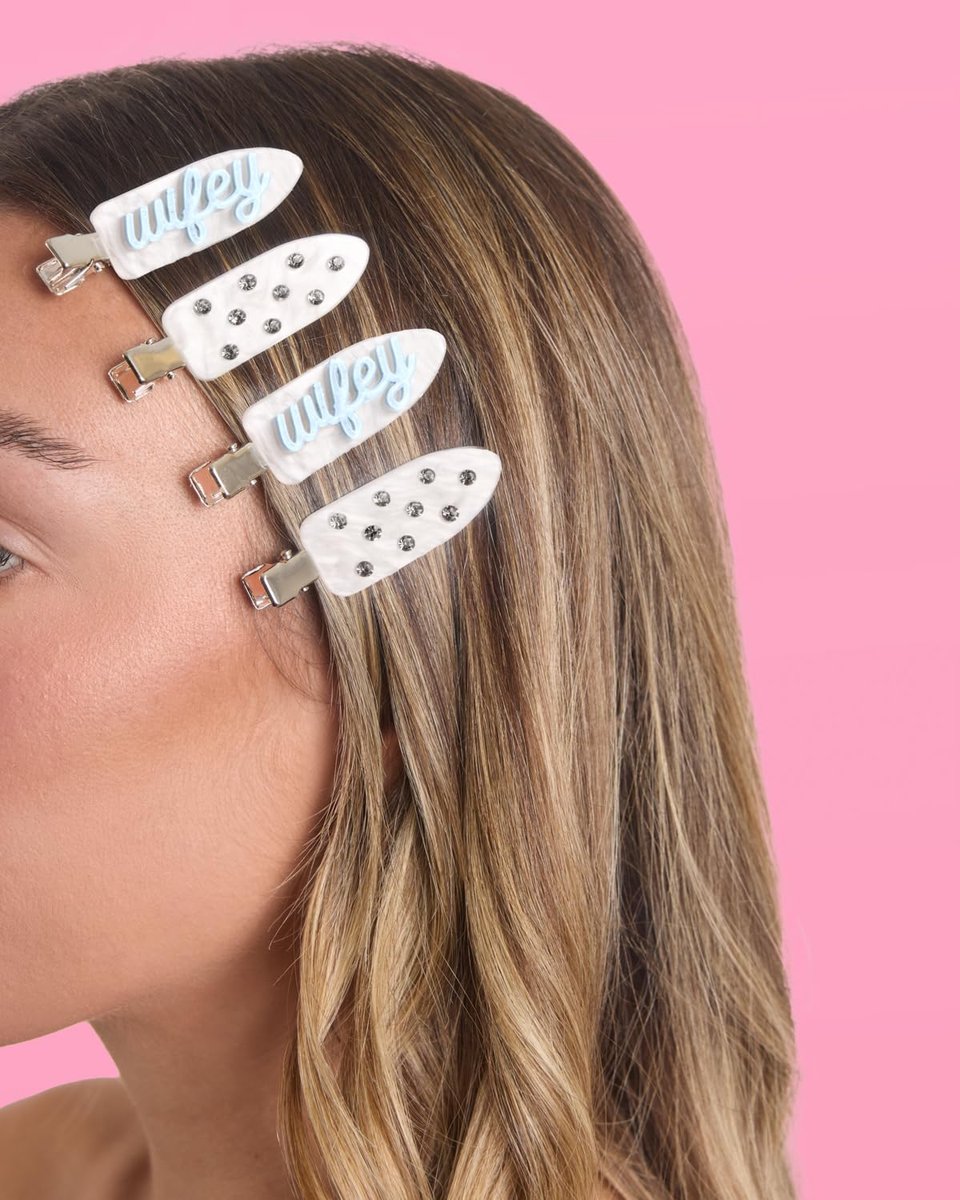 xo, Fetti Wifey Beauty Clips - 4 Pc Acrylic Hair Clips for Bachelorette Party, Bridal Shower, Bride Accessories, Rhinestone, Something Blue Avelisse