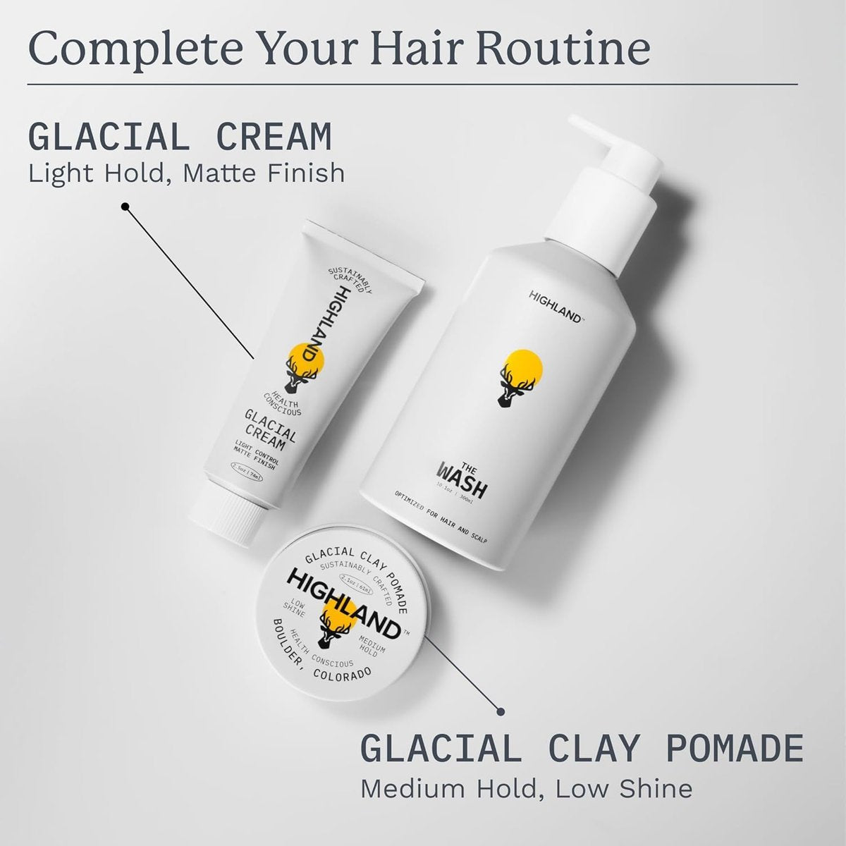 Highland Natural Hair Care Bundle – Glacial Clay Pomade (Medium Hold, Matte Finish, 9 Botanical Ingredients) + The Wash Botanical Cleanser (Caffeine, Protein-Rich, Hydrating, Sulfate-Free) Avelisse