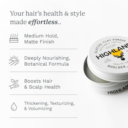 Highland Natural Hair Care Bundle – Glacial Clay Pomade (Medium Hold, Matte Finish, 9 Botanical Ingredients) + The Wash Botanical Cleanser (Caffeine, Protein-Rich, Hydrating, Sulfate-Free) Avelisse