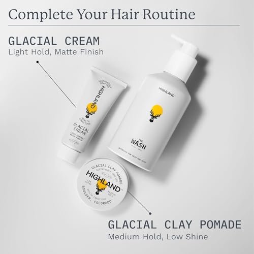 Highland Hair Care Bundle: Glacial Cream, Glacial Clay & The Wash Botanical Cleanser – Light Hold, Matte Finish, Curl-Enhancing, Sulfate-Free Avelisse