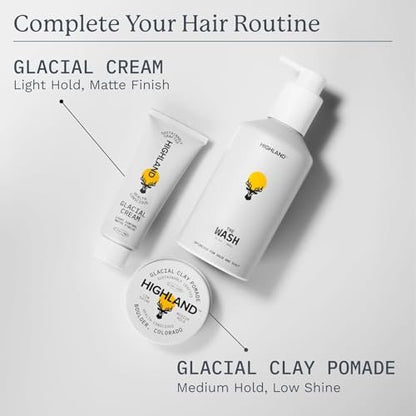 Highland Hair Care Bundle: Glacial Cream, Glacial Clay & The Wash Botanical Cleanser – Light Hold, Matte Finish, Curl-Enhancing, Sulfate-Free Avelisse