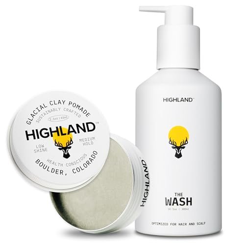 Highland Natural Hair Care Bundle – Glacial Clay Pomade (Medium Hold, Matte Finish, 9 Botanical Ingredients) + The Wash Botanical Cleanser (Caffeine, Protein-Rich, Hydrating, Sulfate-Free) Avelisse