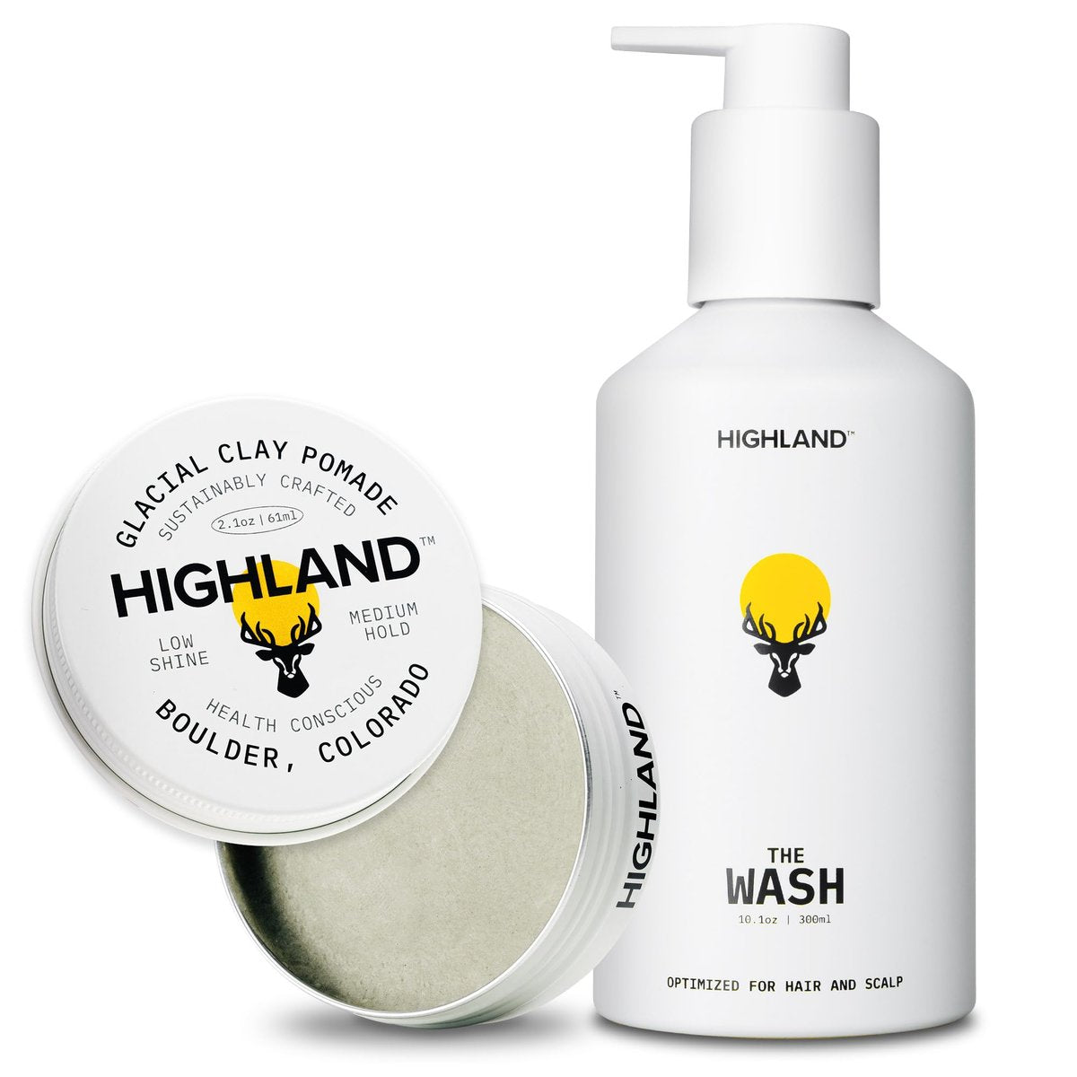 Highland Natural Hair Care Bundle – Glacial Clay Pomade (Medium Hold, Matte Finish, 9 Botanical Ingredients) + The Wash Botanical Cleanser (Caffeine, Protein-Rich, Hydrating, Sulfate-Free) Avelisse