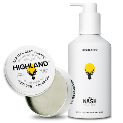 Highland Natural Hair Care Bundle – Glacial Clay Pomade (Medium Hold, Matte Finish, 9 Botanical Ingredients) + The Wash Botanical Cleanser (Caffeine, Protein-Rich, Hydrating, Sulfate-Free) Avelisse