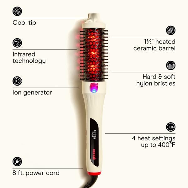 Infiniti PRO CONAIR 1.5 Inch Infrared Thermal Brush - Ionic Heated Hair Styler with 4 Heat Settings up to 400°F, Ceramic Barrel for Volume and Curls, White Avelisse