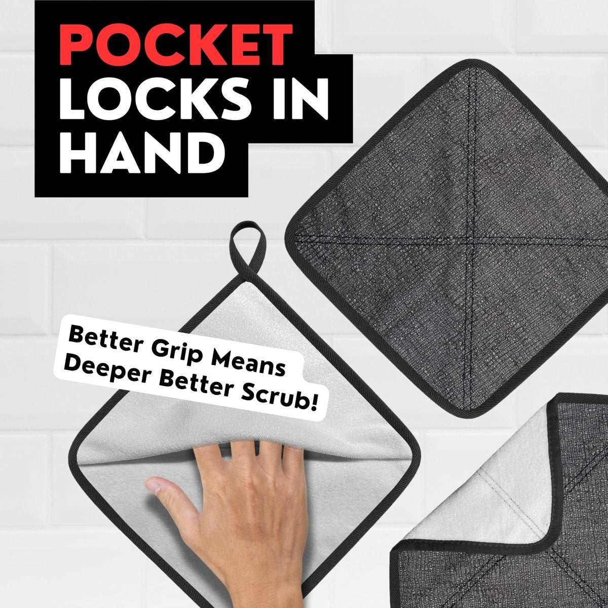 Bye Bye Loofah Double-Sided Exfoliating Washcloth with Hand Pocket – Rough & Soft Texture for Deep Clean, Smooth Skin, Fast Drying Body Scrubber for Shower or Bath (Grey, 2 Pack) Avelisse