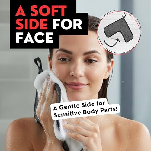 Bye Bye Loofah Double-Sided Exfoliating Washcloth with Hand Pocket – Rough & Soft Texture for Deep Clean, Smooth Skin, Fast Drying Body Scrubber for Shower or Bath (Grey, 2 Pack) Avelisse