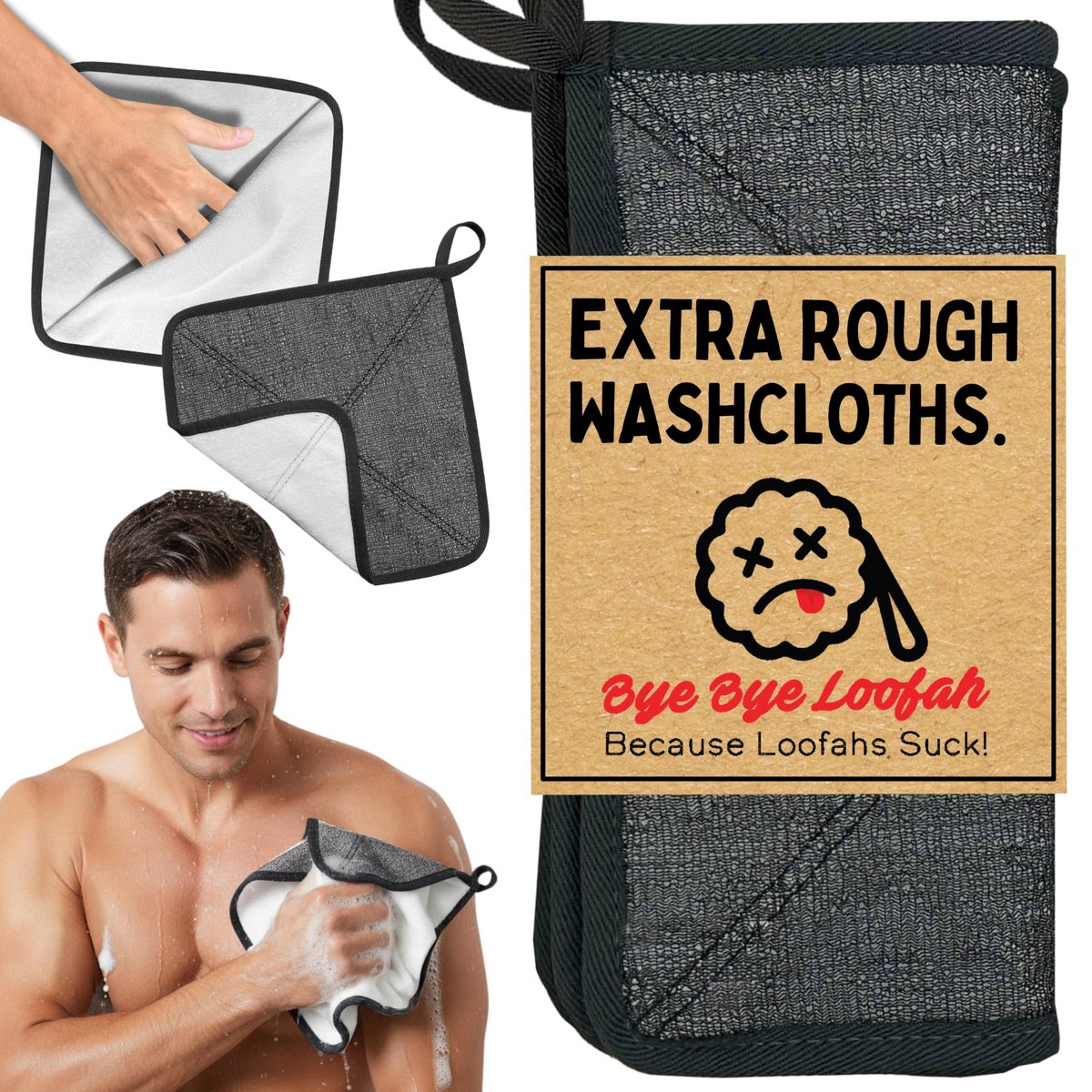 Bye Bye Loofah Double-Sided Exfoliating Washcloth with Hand Pocket – Rough & Soft Texture for Deep Clean, Smooth Skin, Fast Drying Body Scrubber for Shower or Bath (Grey, 2 Pack) Avelisse