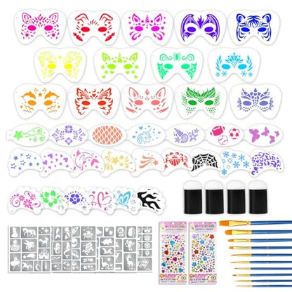 58 Pieces Face Paint Stencils and Brushes Kit – 36 Reusable Stencils, 10 Brushes, Tattoo Stickers, Gems & Sponges for Party Festival Makeup Avelisse