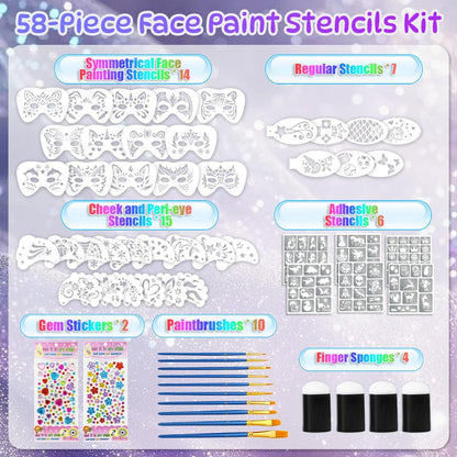 58 Pieces Face Paint Stencils and Brushes Kit – 36 Reusable Stencils, 10 Brushes, Tattoo Stickers, Gems & Sponges for Party Festival Makeup Avelisse